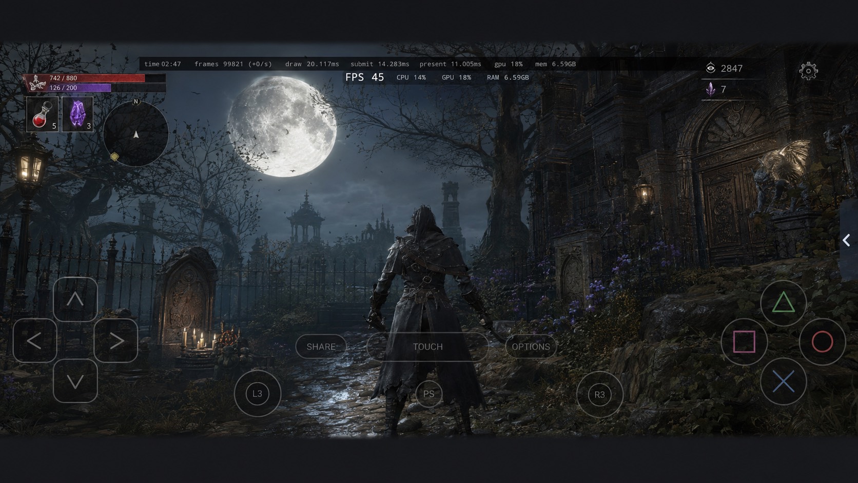 LSX4 running a game scene with performance HUD and touch controls